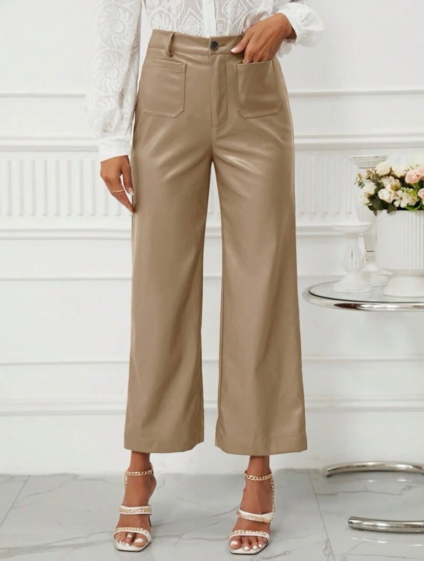 CM-BS549609 Women Casual Seoul Style High Waist PU Leather Wide Leg Pants - Camel