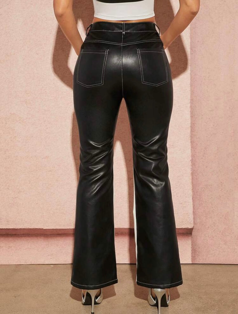 CM-BS024253 Women Elegant Seoul Style Two Tone Flare Leg PU Leather Pants