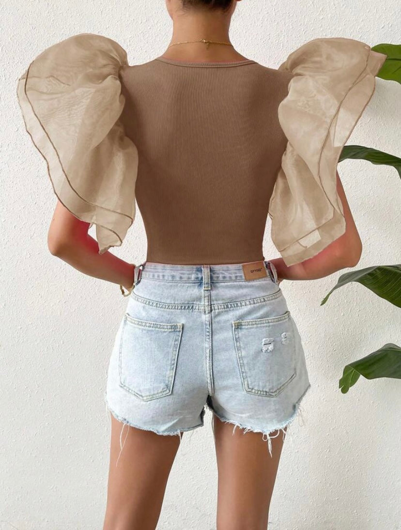 CM-TS121422 Women Casual Seoul Style Contrast Mesh Butterfly Sleeve Bodysuit - Coffee Brown