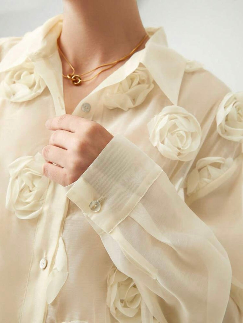 CM-TS800603 Women Casual Seoul Style Appliques Button Front Drop Shoulder Shirt