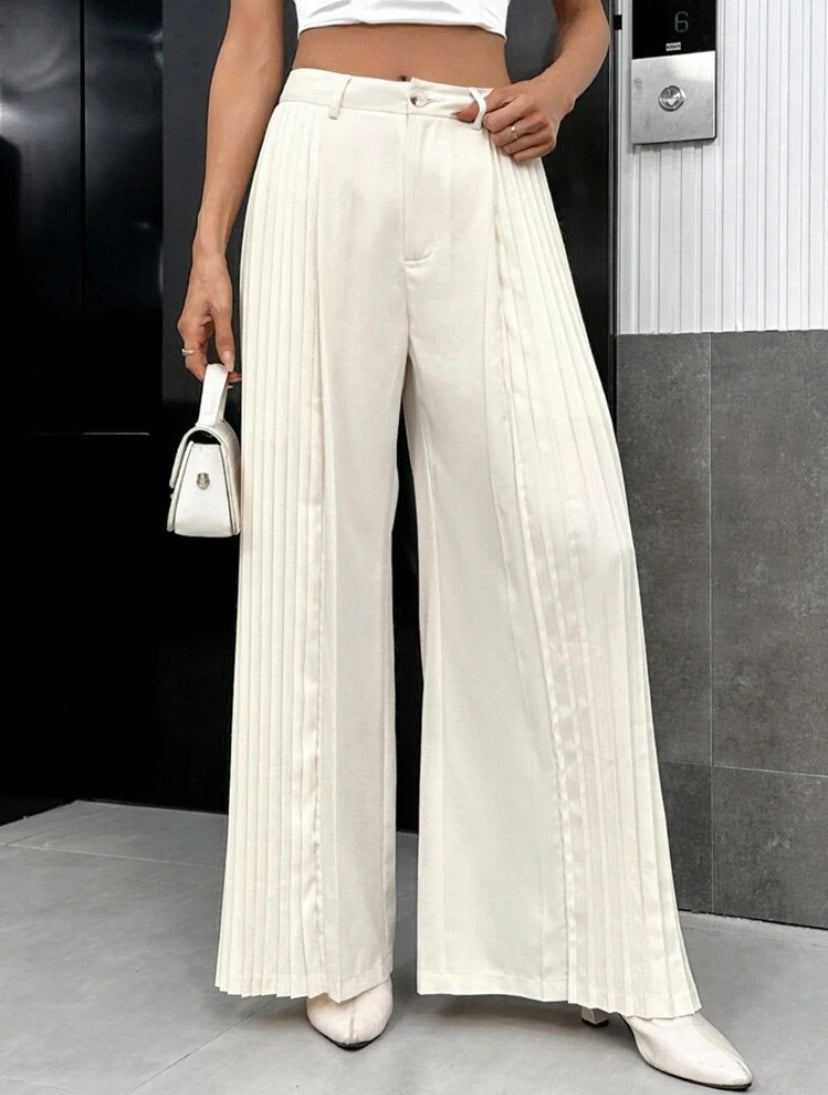 CM-BS864645 Women Casual Seoul Style High Waist Pleated Panel Wide Leg Pants - Beige