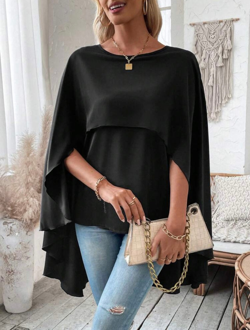 CM-TS773506 Women Casual Seoul Style Round Neck Batwing Sleeve Cape Irregular Hem Shirt