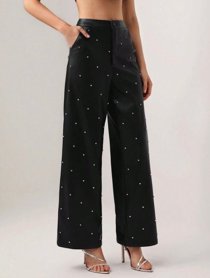 CM-BS985508 Women Elegant Seoul Style Rhinestone Detail Wide Leg Pants - Black