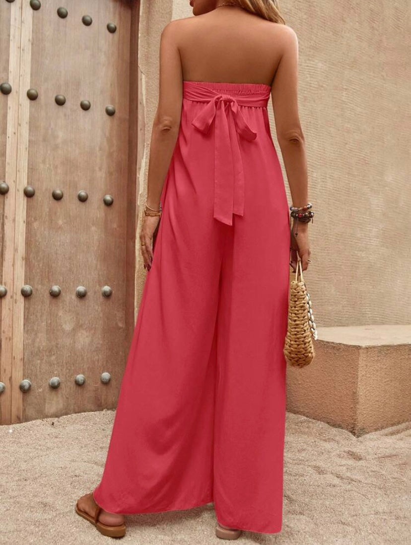 CM-JS852249 Women Trendy Bohemian Style Solid Tie Back Tube Wide Leg Jumpsuit - Red