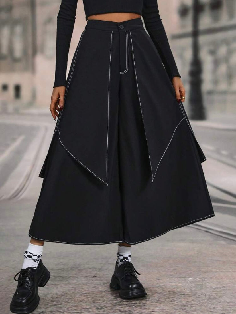 CM-BS124424 Women Elegant Seoul Style Contrast Piping Wide Leg Pants - Black