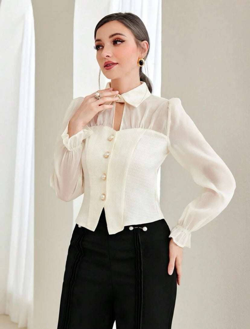 CM-TS711231 Women Elegant Seoul Style Flare Sleeve Button Front Blouse - Beige
