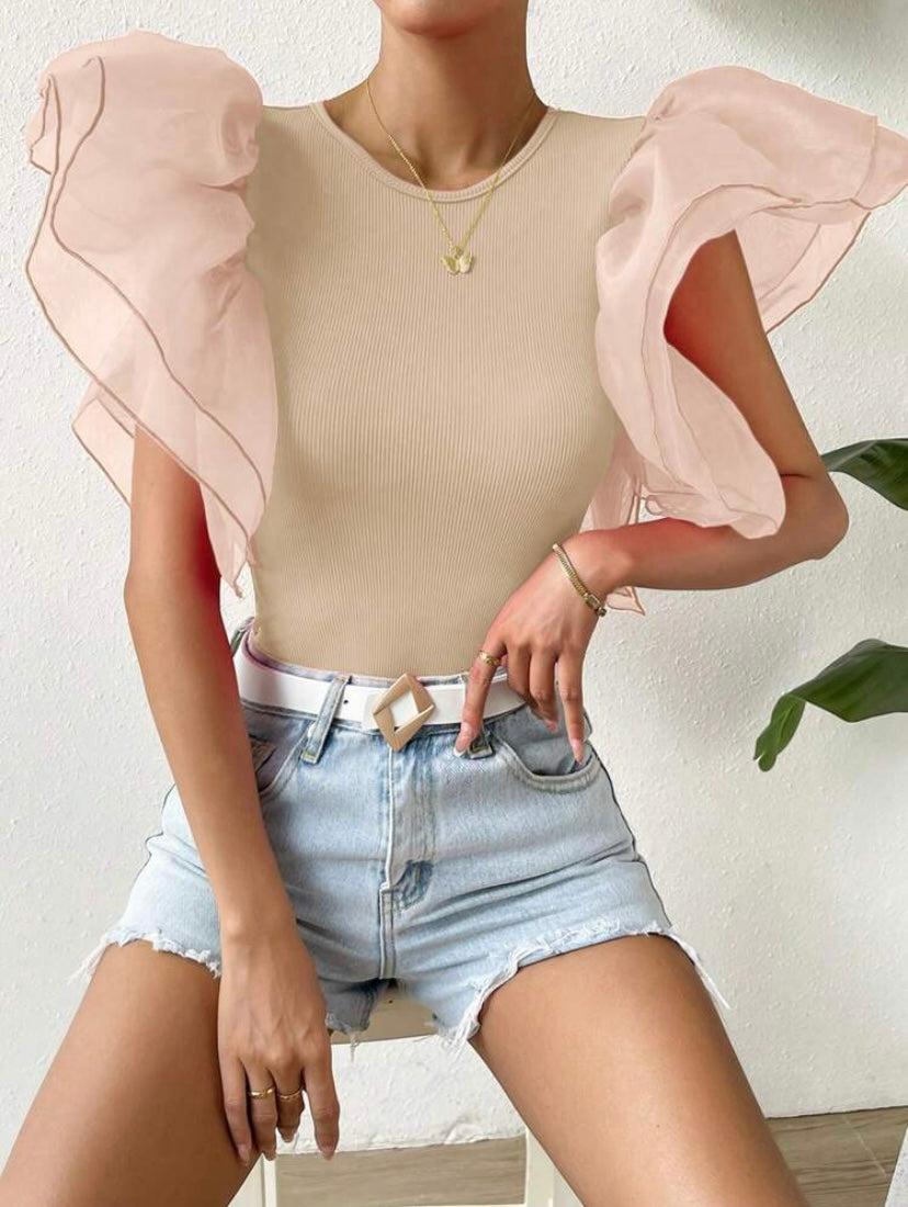 CM-TS515188 Women Casual Seoul Style Contrast Mesh Butterfly Sleeve Bodysuit - Khaki