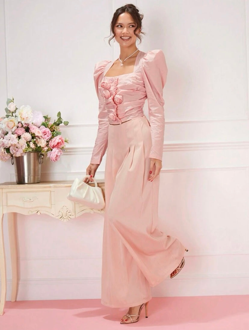 CM-BS553413 Women Elegant Seoul Style High Waist Solid Wide Leg Pants - Pink