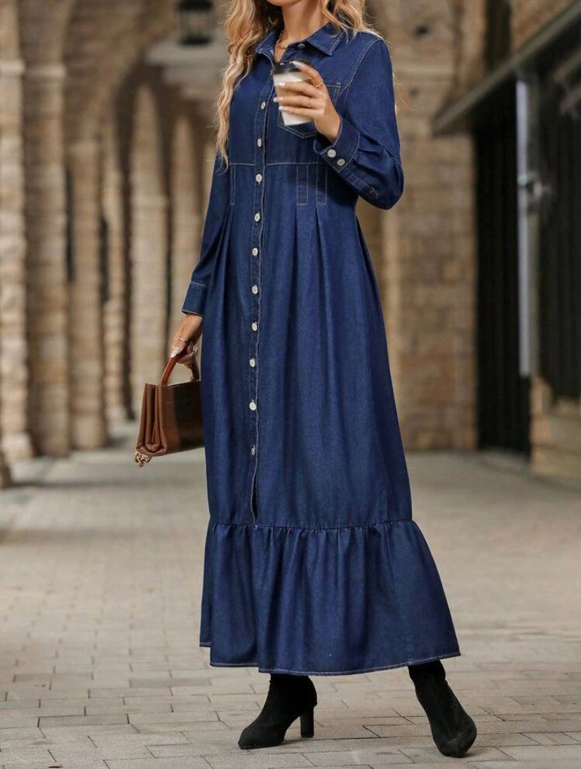CM-DS504422 Women Preppy Seoul Style Dark Wash Long Sleeve Ruffle Hem Denim Dress