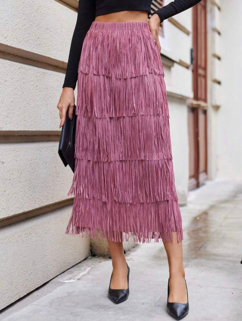 CM-BS188038 Women Elegant Seoul Style Solid Layered Fringe Trim Skirt - Dusty Pink