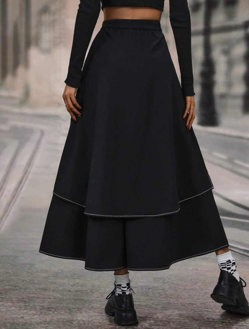 CM-BS124424 Women Elegant Seoul Style Contrast Piping Wide Leg Pants - Black
