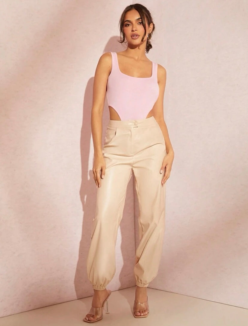 CM-BS545292 Women Casual Seoul Style Solid PU Leather Jogger Pants - Apricot