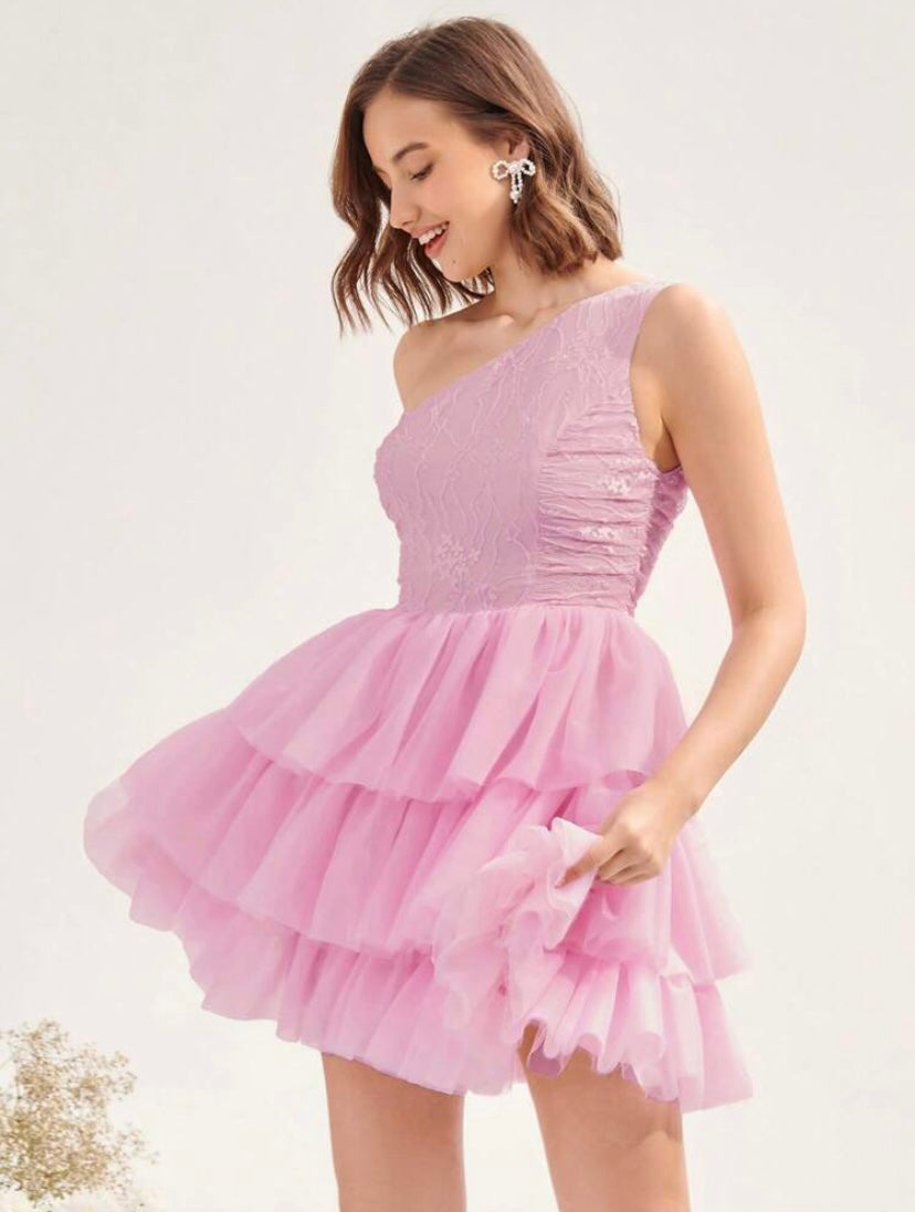 CM-DS411786 Women Elegant Seoul Style One Shoulder Lace Bodice Layered Mesh Dress