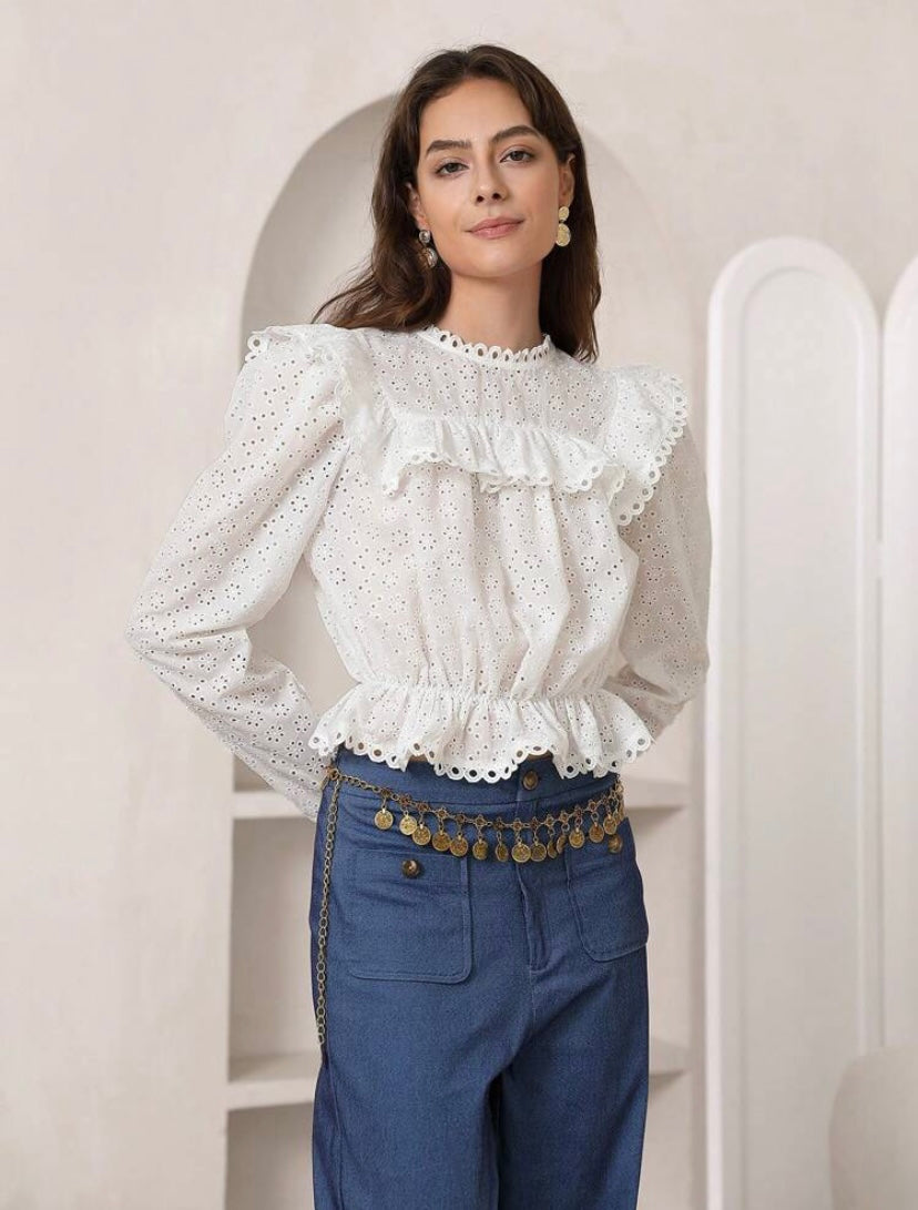 CM-TS819169 Women Trendy Bohemian Style Stand Collar Ruffle Trim Schiffy Peplum Top