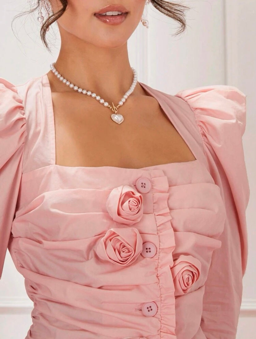 CM-TS544014 Women Elegant Seoul Style Leg Of Mutton Sleeves 3D Floral Pleated Shirt - Pink
