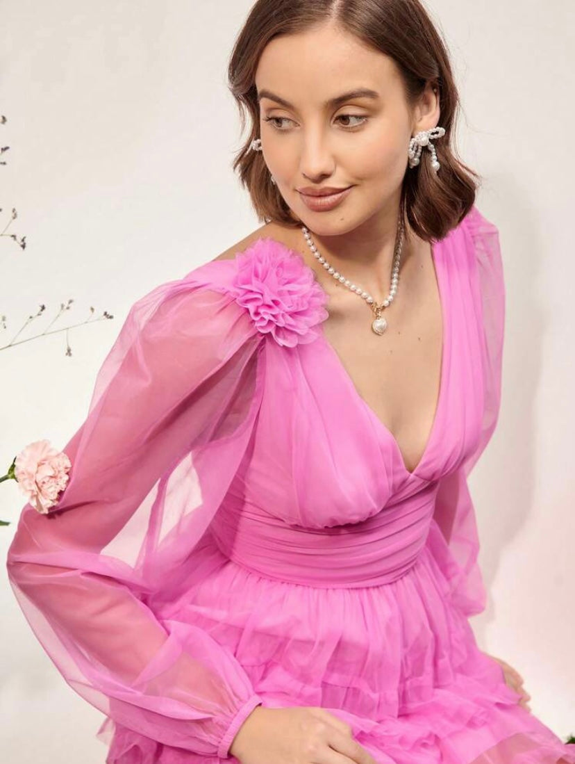 CM-DS046415 Women Elegant Seoul Style Plunging Neck Lantern Sleeve Ruffle Hem Organza Dress