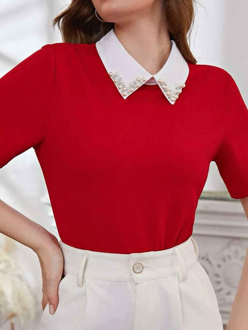 CM-TS683343 Women Casual Seoul Style Contrast Collar Rhinestone Pearls Beaded Blouse - Red