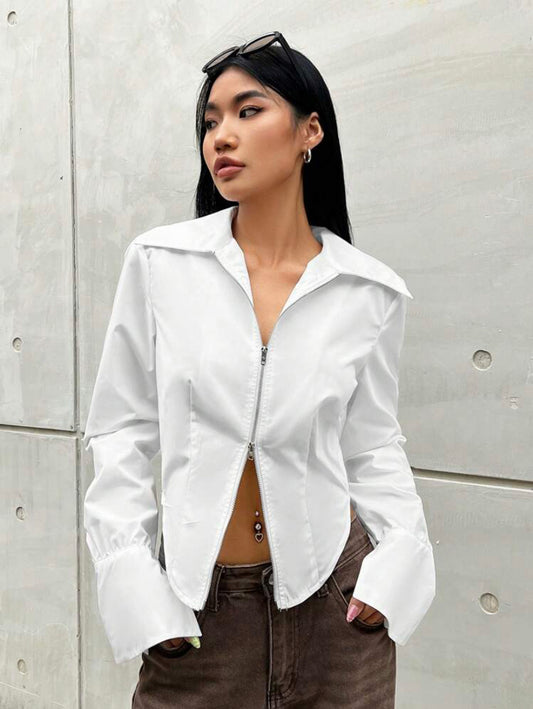 CM-TS729286 Women Casual Seoul Style Solid Zip Up Split Sleeve Crop Blouse - White