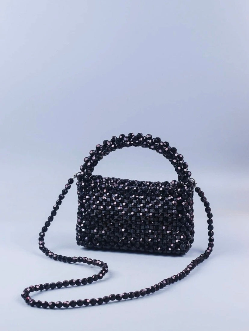 CM-BGS163585 Women Trendy Seoul Style Mini Beaded Satchel Bag Top Handle - Black