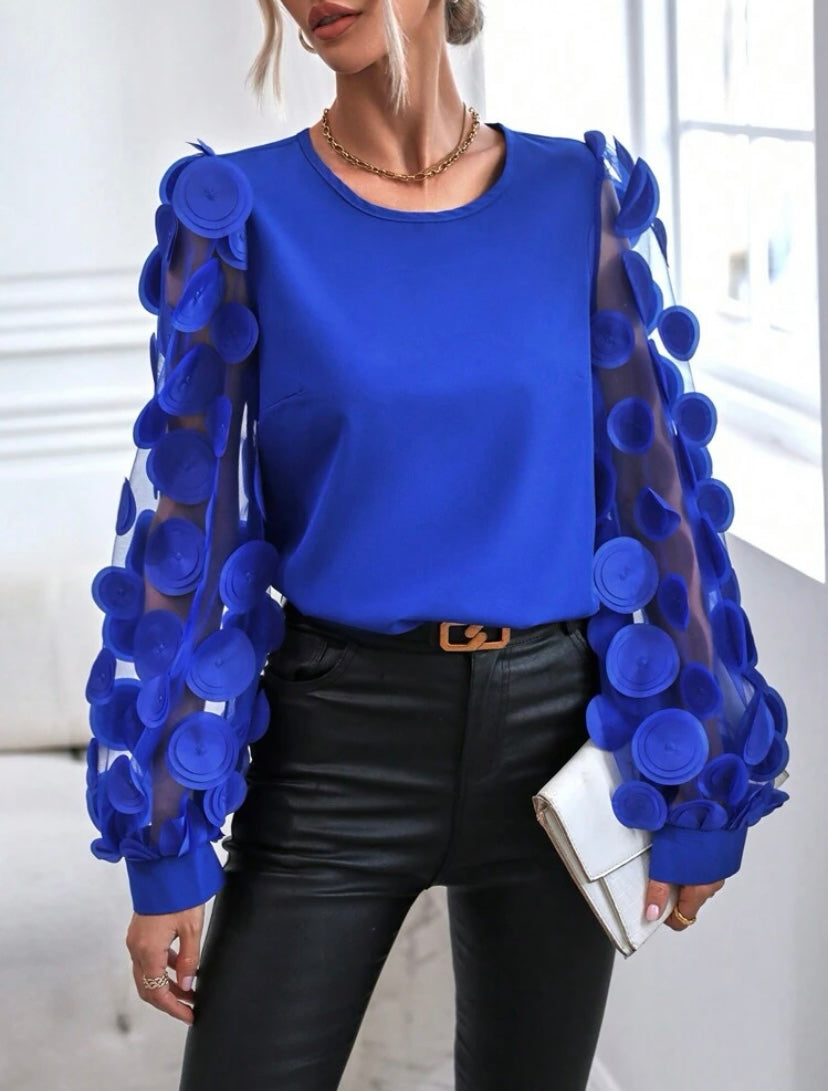 CM-TS471091 Women Casual Seoul Style Contrast Mesh Appliques Lantern Sleeve Blouse - Royal Blue