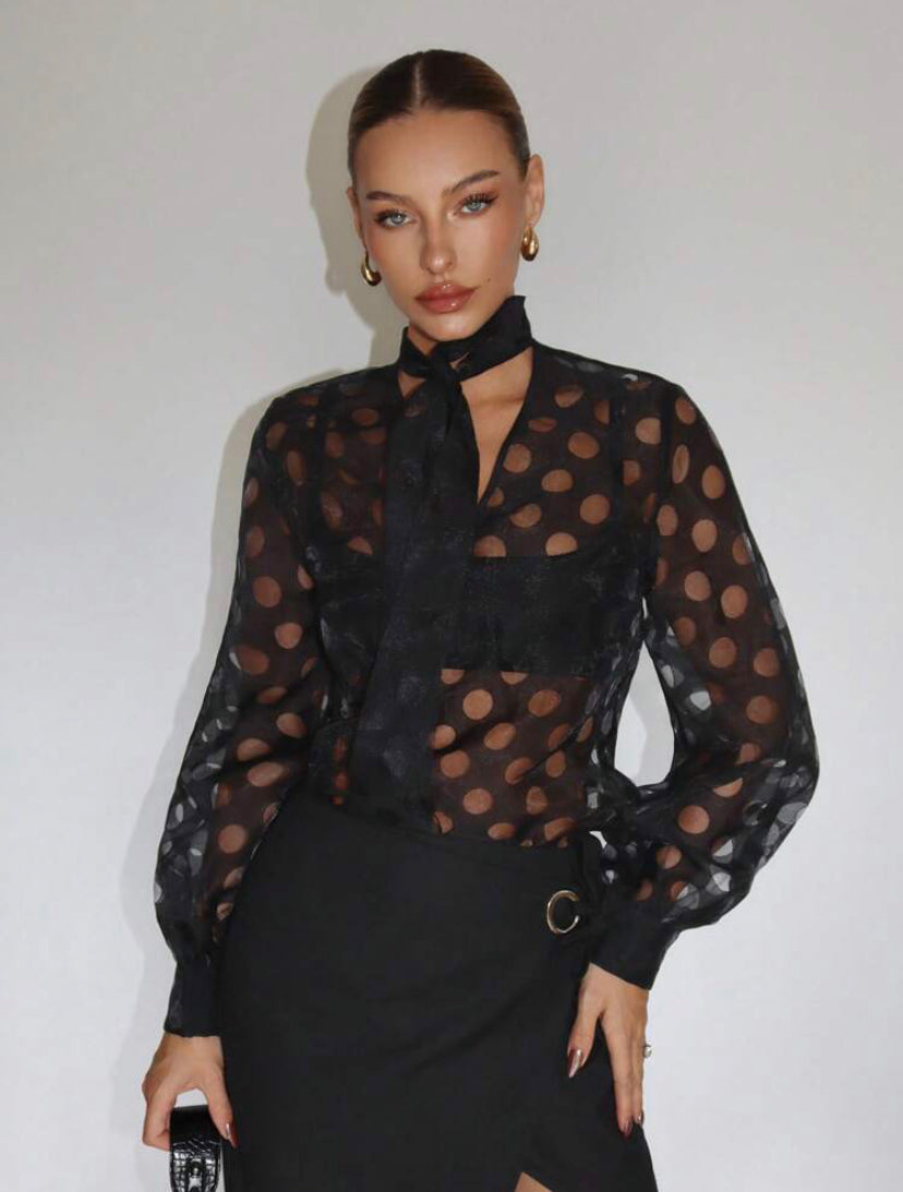 CM-TS948826 Women Elegant Seoul Style Tie Neck Lantern Sleeve Blouse - Black