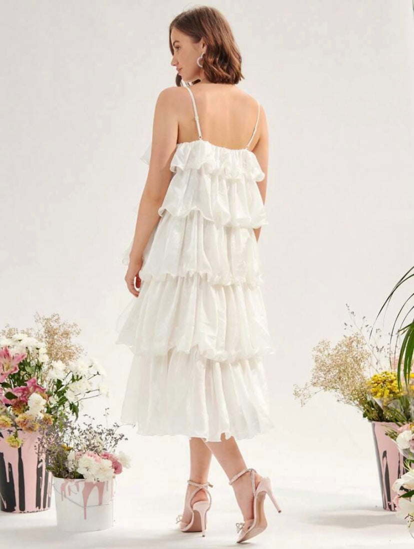 CM-DS026145 Women Elegant Seoul Style Sleeveless Solid Layered Cami Dress - White