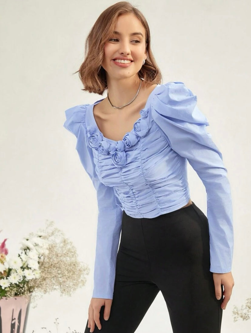 CM-TS914909 Women Elegant Seoul Style Ruched Front Gigot Sleeve Blouse - Blue