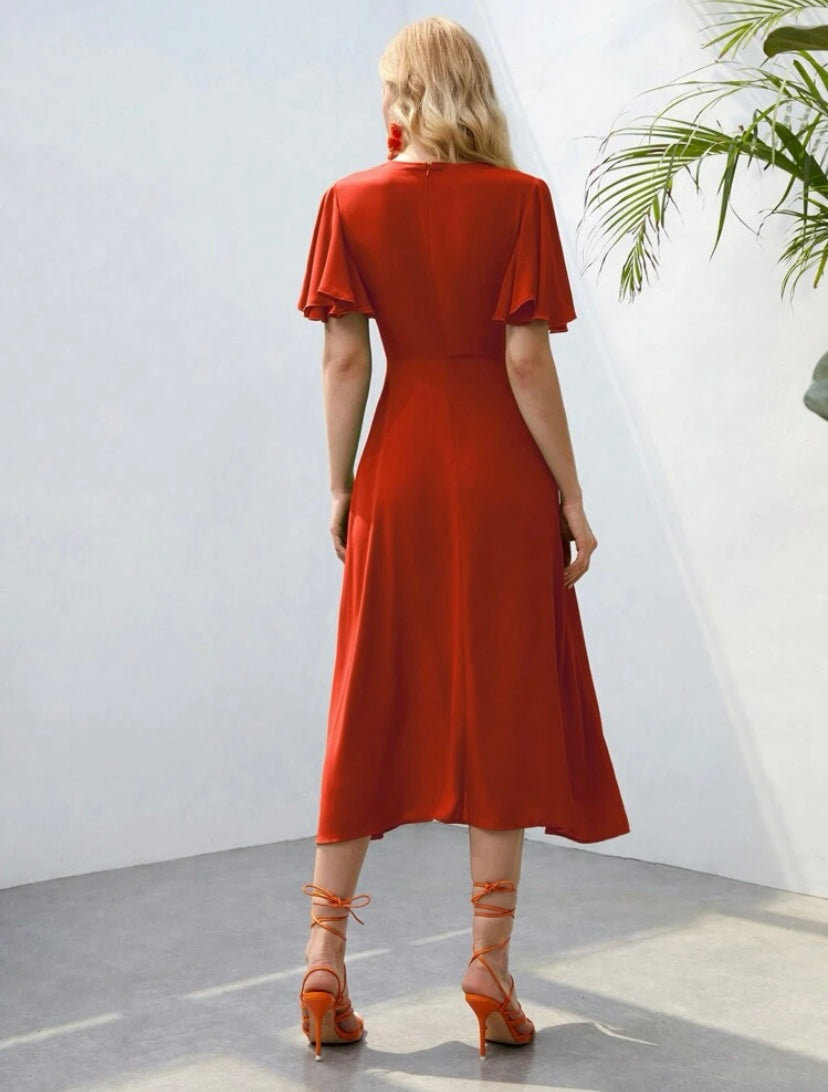 CM-DS356608 Women Elegant Seoul Style Butterfly Sleeve Button Front A-Line Dress - Burnt Orange