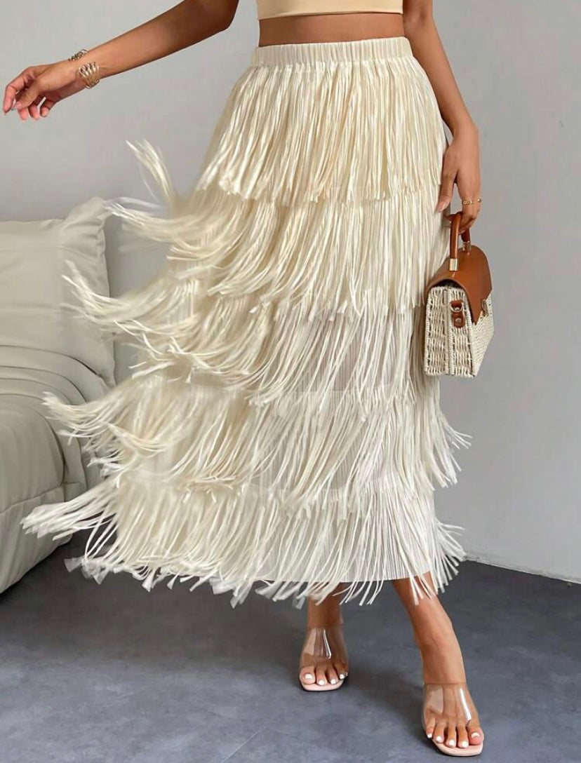 CM-BS377751 Women Elegant Seoul Style Solid Layered Fringe Trim Skirt - Beige