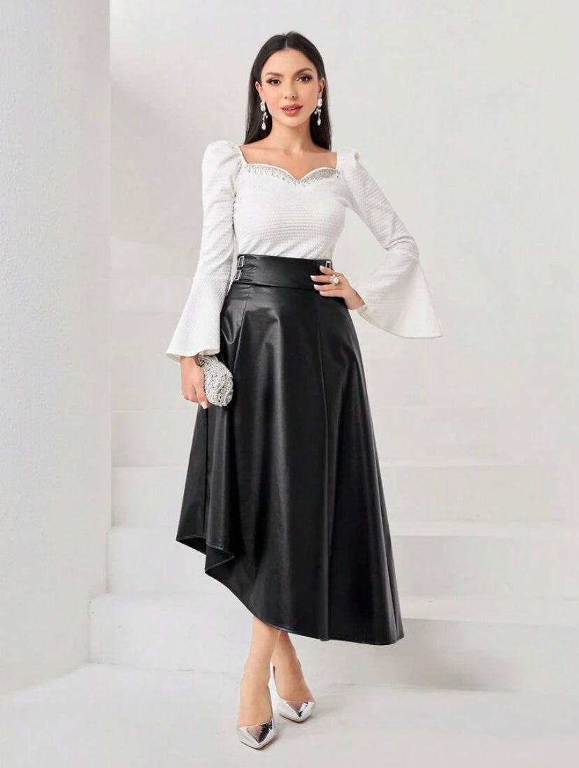 CM-BS221141 Women Elegant Seoul Style Buckle Detail PU Leather Skirt - Black