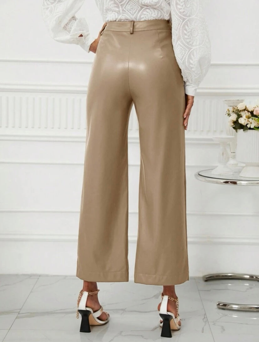 CM-BS549609 Women Casual Seoul Style High Waist PU Leather Wide Leg Pants - Camel