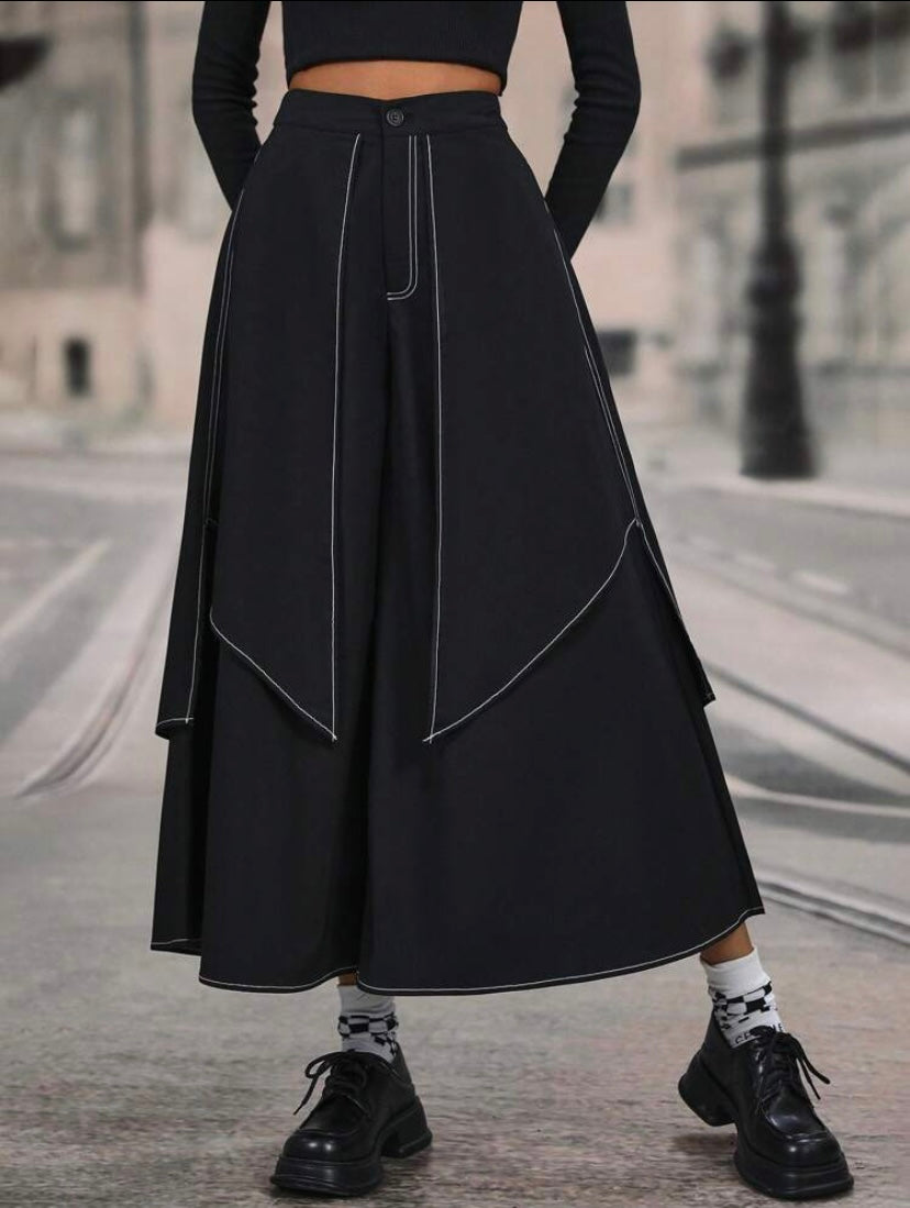 CM-BS124424 Women Elegant Seoul Style Contrast Piping Wide Leg Pants - Black