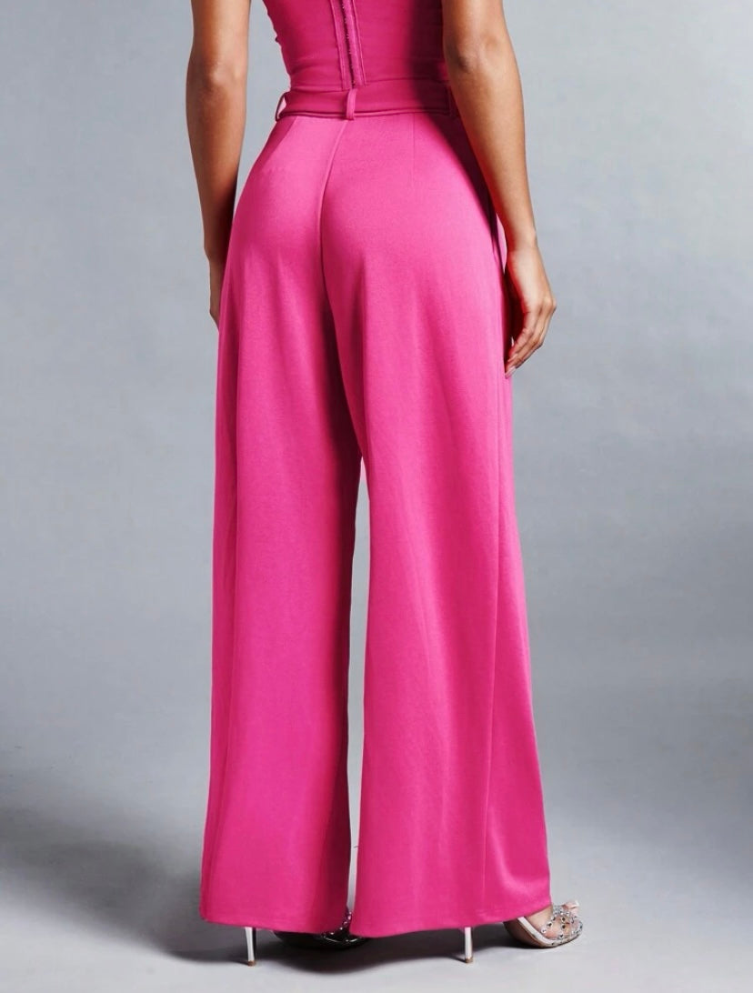 CM-BS377138 Women Elegant Seoul Style Fold Pleated Detail Wide Leg Pants - Hot Pink