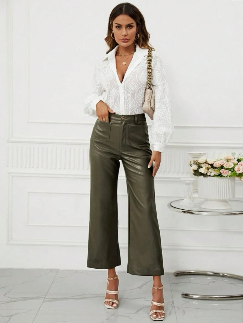 CM-BS513285 Women Casual Seoul Style High Waist PU Leather Wide Leg Pants - Army Green