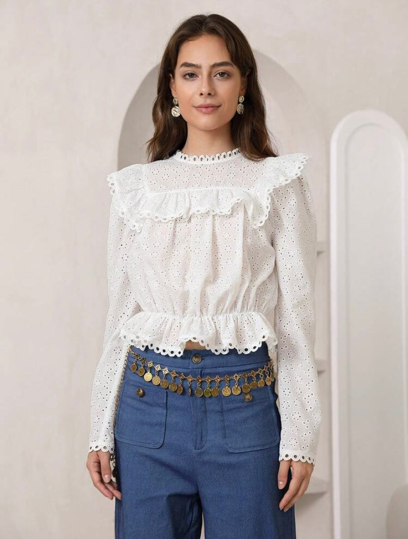 CM-TS819169 Women Trendy Bohemian Style Stand Collar Ruffle Trim Schiffy Peplum Top