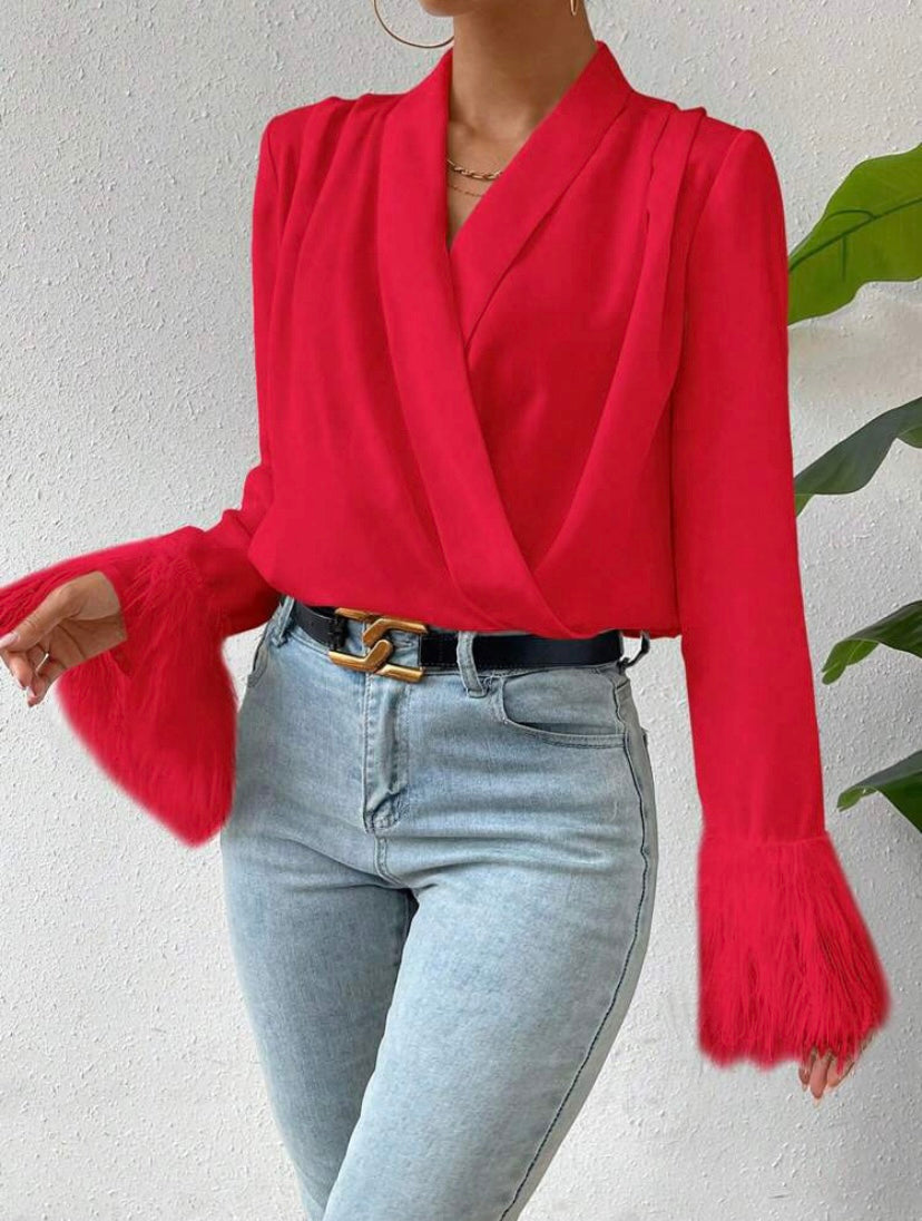 CM-TS349939 Women Elegant Seoul Style V-Neck Solid Fringe Cuff Wrap Blouse - Red