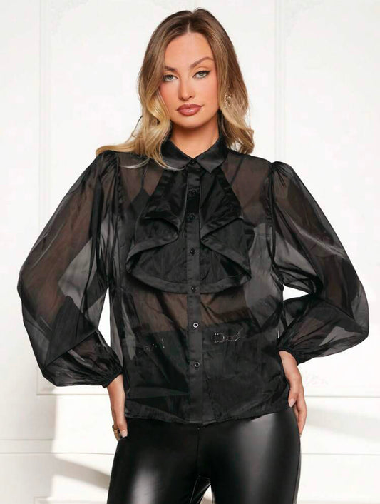 CM-TS711191 Women Elegant Seoul Style Collar Lantern Sleeve Organza Sheer Shirt - Black