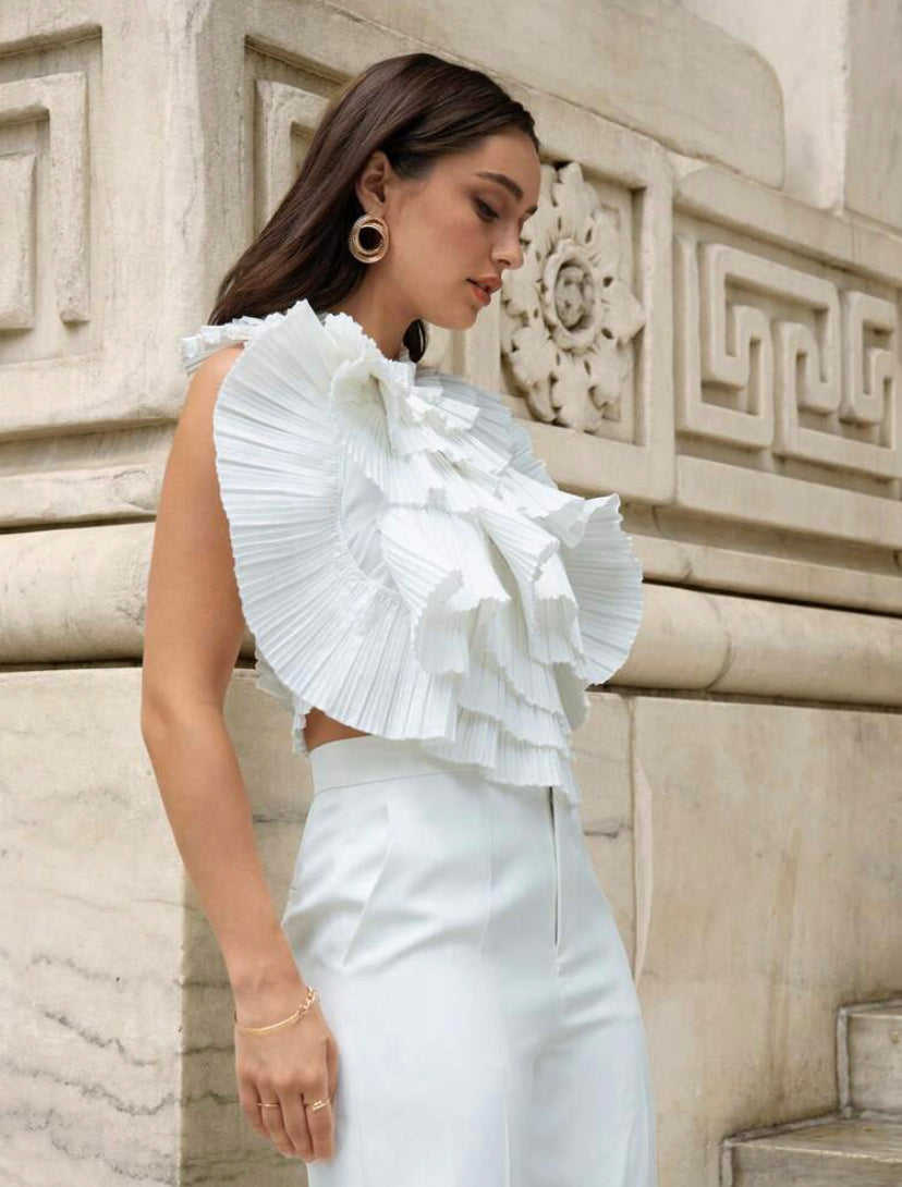 CM-TS966954 Women Elegant Seoul Style Open Back Pleated Ruffle Trim Tank Top - White