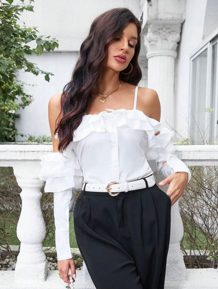 CM-TS108354 Women Elegant Seoul Style Cold Shoulder Long Sleeve Shirt With Ruffle Trim - White