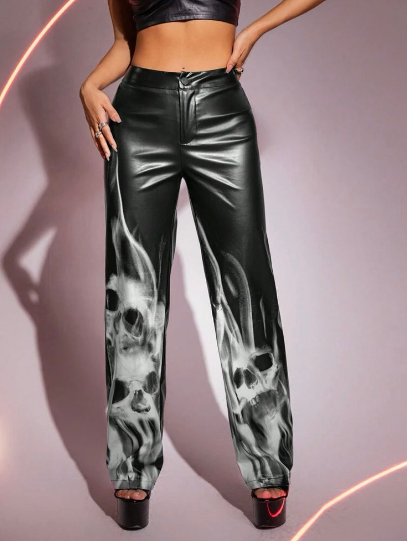CM-BS977751 Women Casual Seoul Style Print Straight Leg PU Leather Pants - Black
