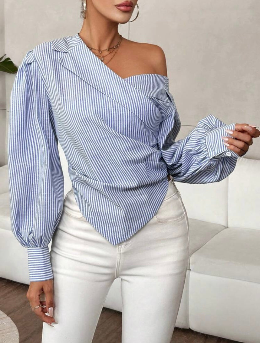 CM-TS740390 Women Casual Seoul Style Asymmetrical Neck Lantern Sleeve Ruched Hem Blouse