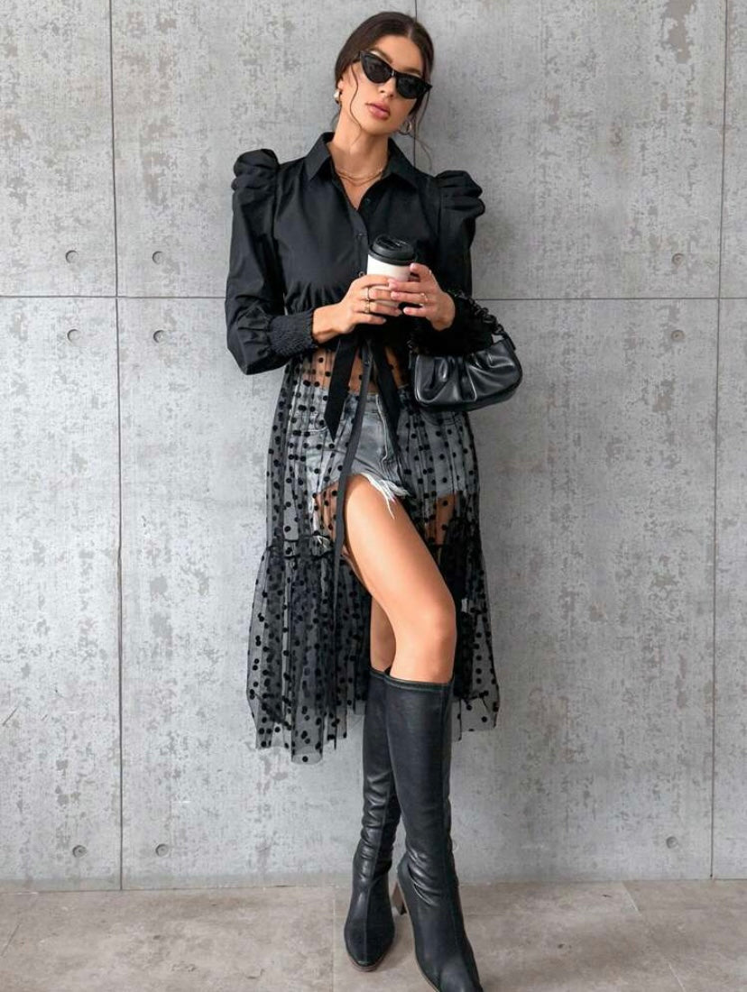 CM-TS819715 Women Casual Seoul Style Dobby Mesh Overlay Belted Blouse - Black