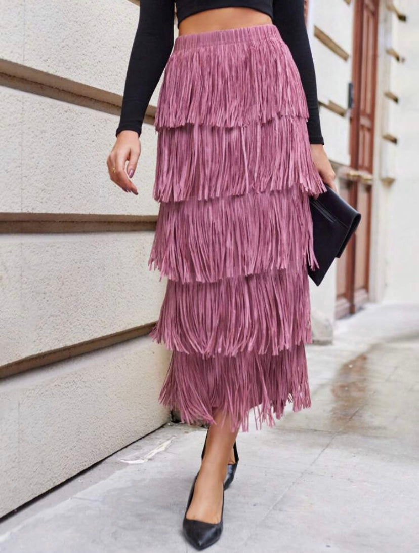 CM-BS188038 Women Elegant Seoul Style Solid Layered Fringe Trim Skirt - Dusty Pink