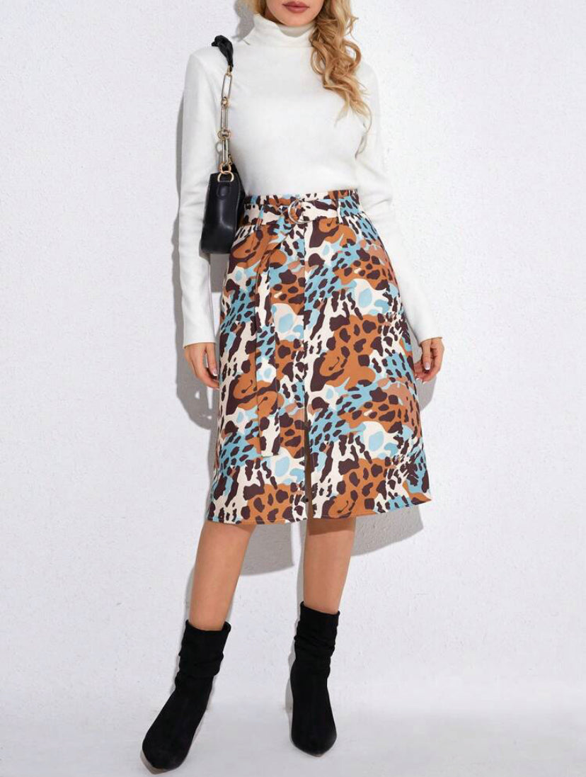 CM-BS512521 Women Causal Seoul Style High Waist Allover Print Belted Skirt