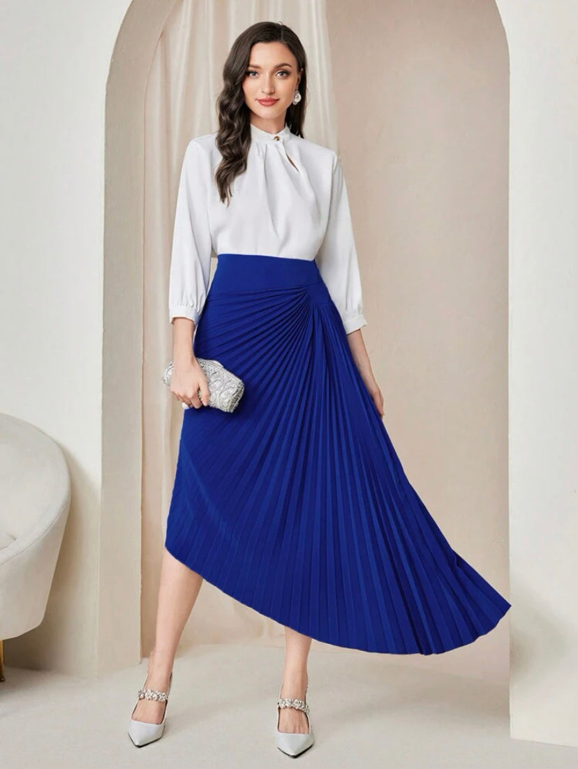 CM-BS692083 Women Elegant Seoul Style Solid Asymmetrical Hem Pleated Skirt - Blue