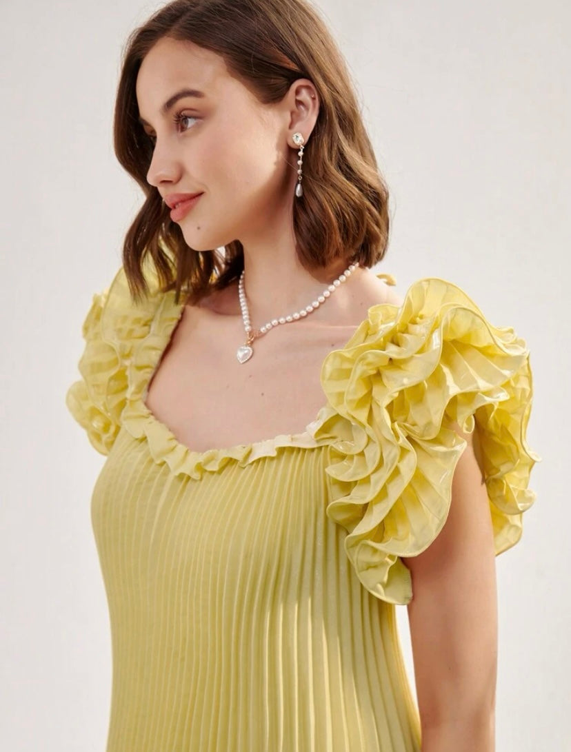 CM-DS949574 Women Elegant Seoul Style Pleated Detail Ruffle Trim Plisse Dress - Yellow