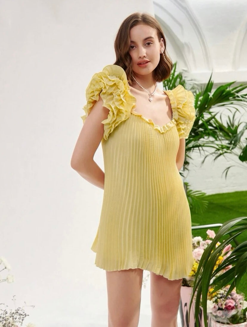 CM-DS949574 Women Elegant Seoul Style Pleated Detail Ruffle Trim Plisse Dress - Yellow