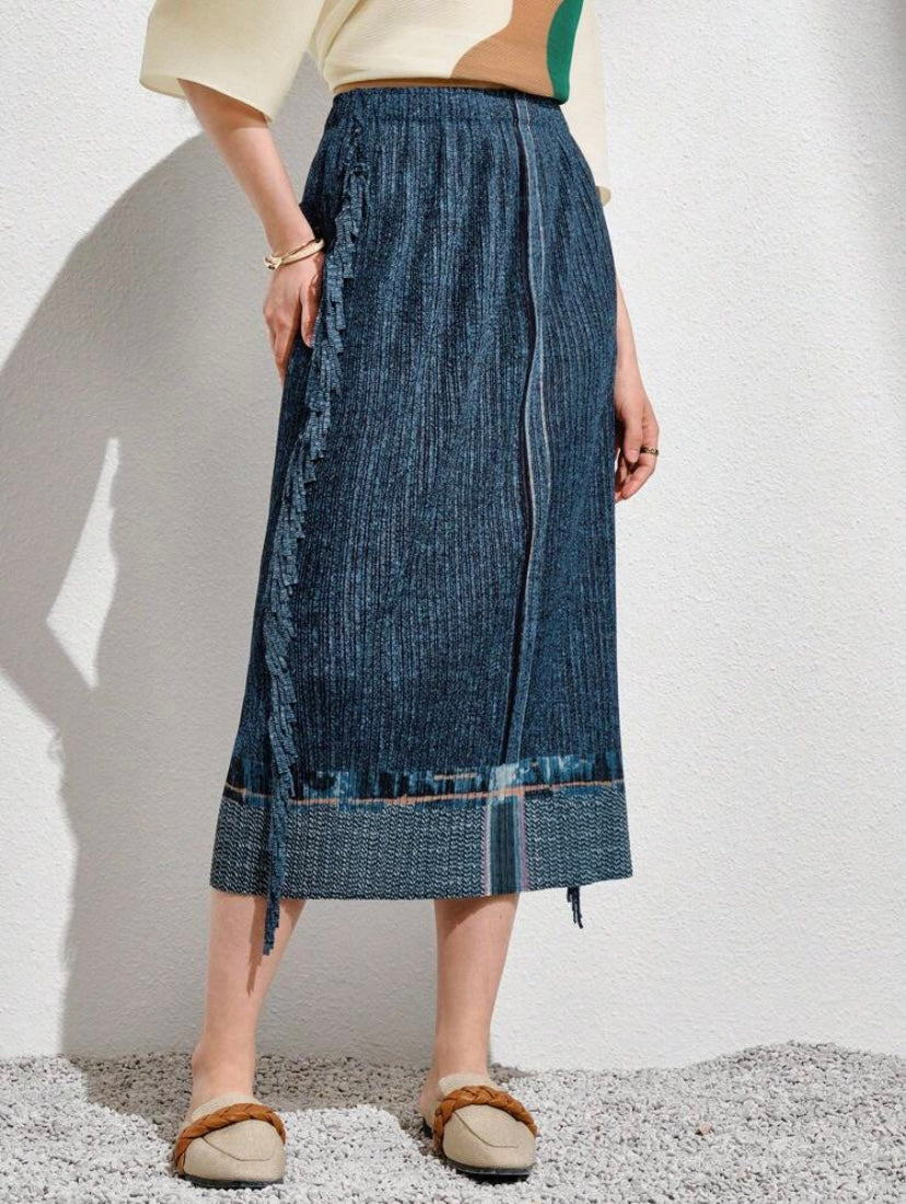 CM-BS552938 Women Casual Seoul Style Fringe Trim Slant Pocket Skirt - Blue