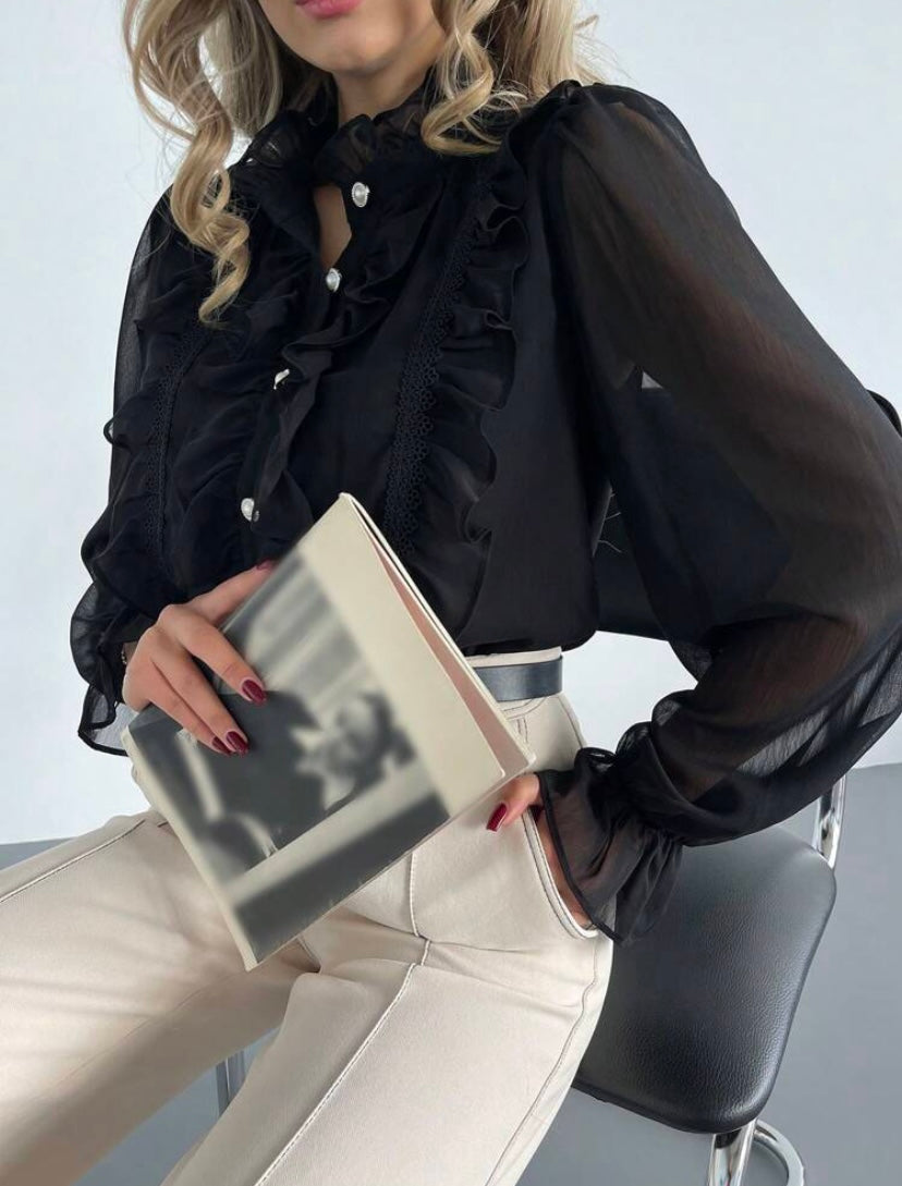 CM-TS320762 Women Elegant Seoul Style Flounce Sleeve Ruffle Trim Button Front Shirt