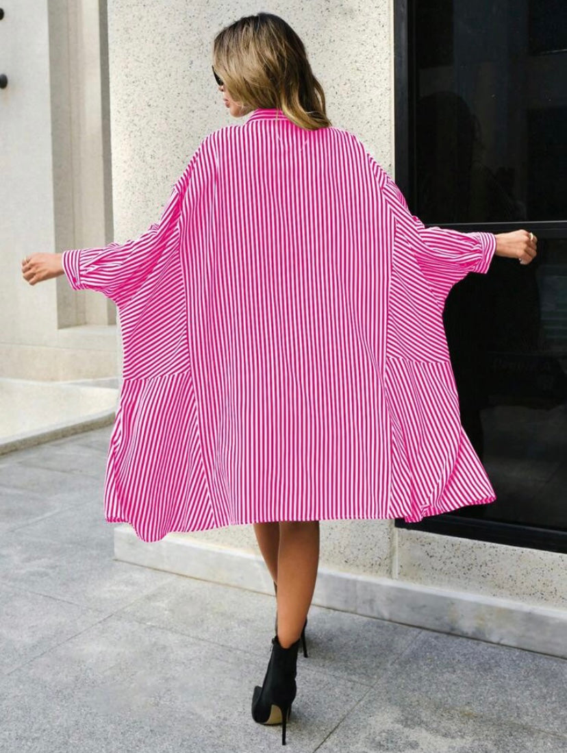 CM-DS914389 Women Casual Seoul Style Striped Print Roll Up Sleeve Button Front Shirt Dress